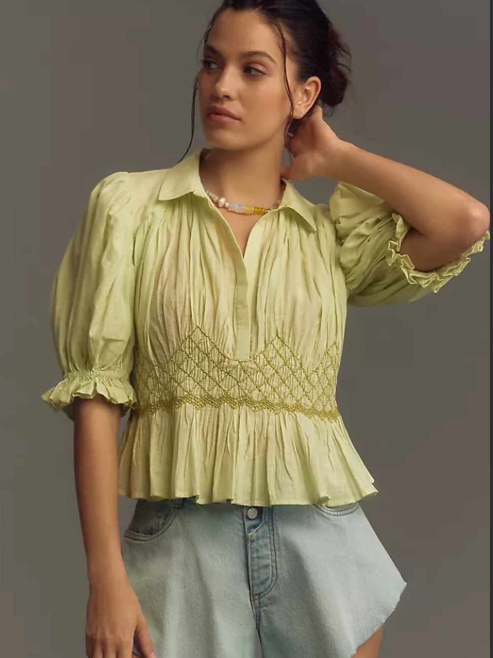 By Anthropologie Green Smocked 100% Cotton Short Sleeve Blouse